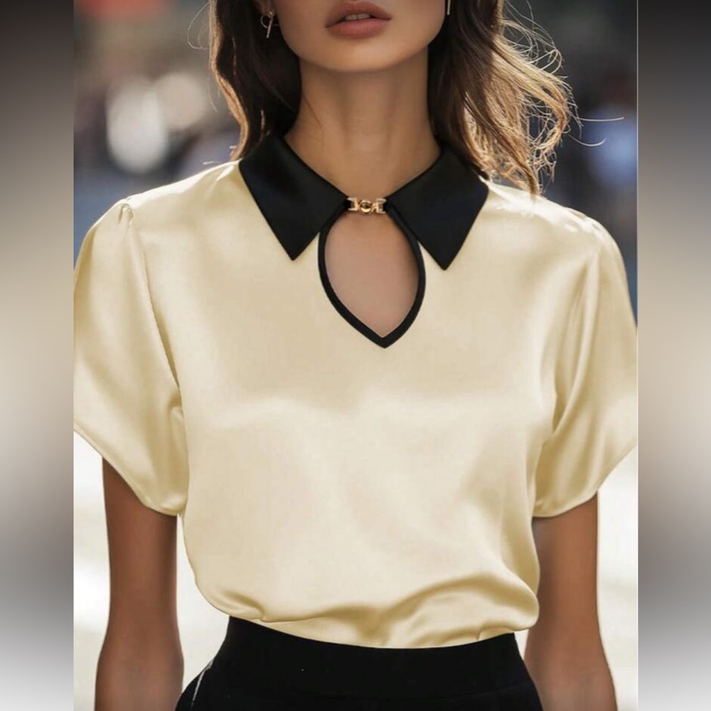 Satin Keyhole Collar Top in Cream with Black Trim